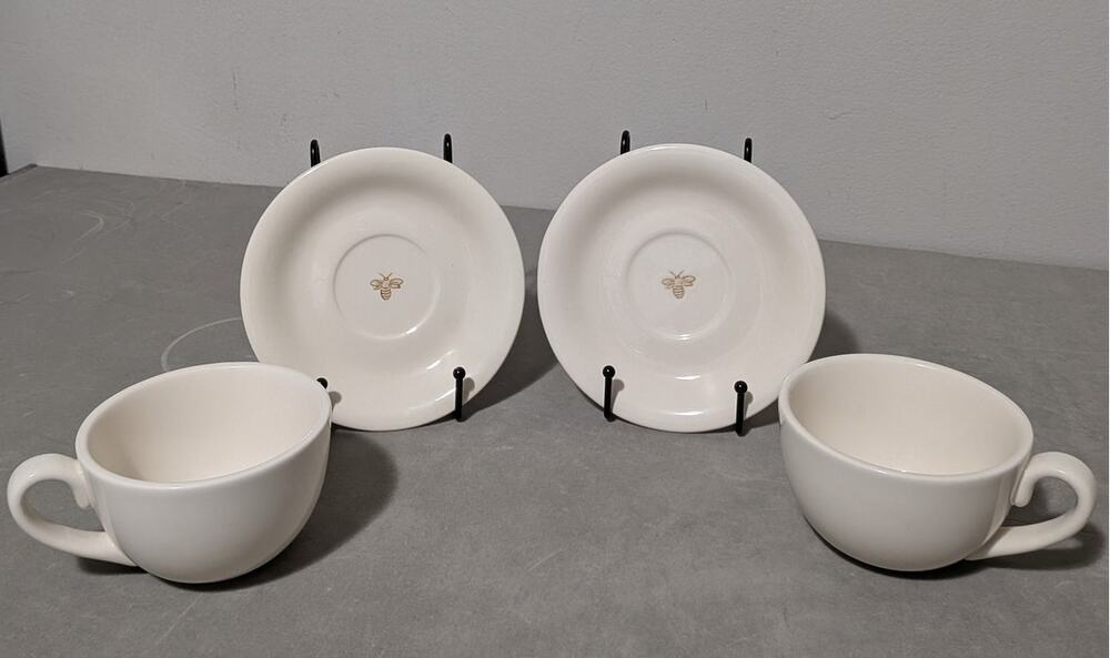 Pottery Barn Bee Ivory Breakfast Cup and Saucer Set of 2 Gold Honeybee